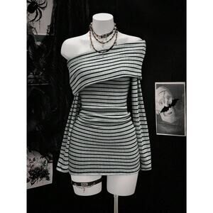 Emo Egirl E-girl Y2k Asymmetrical Off Shoulder Bodycon Gray Strip Dress S
